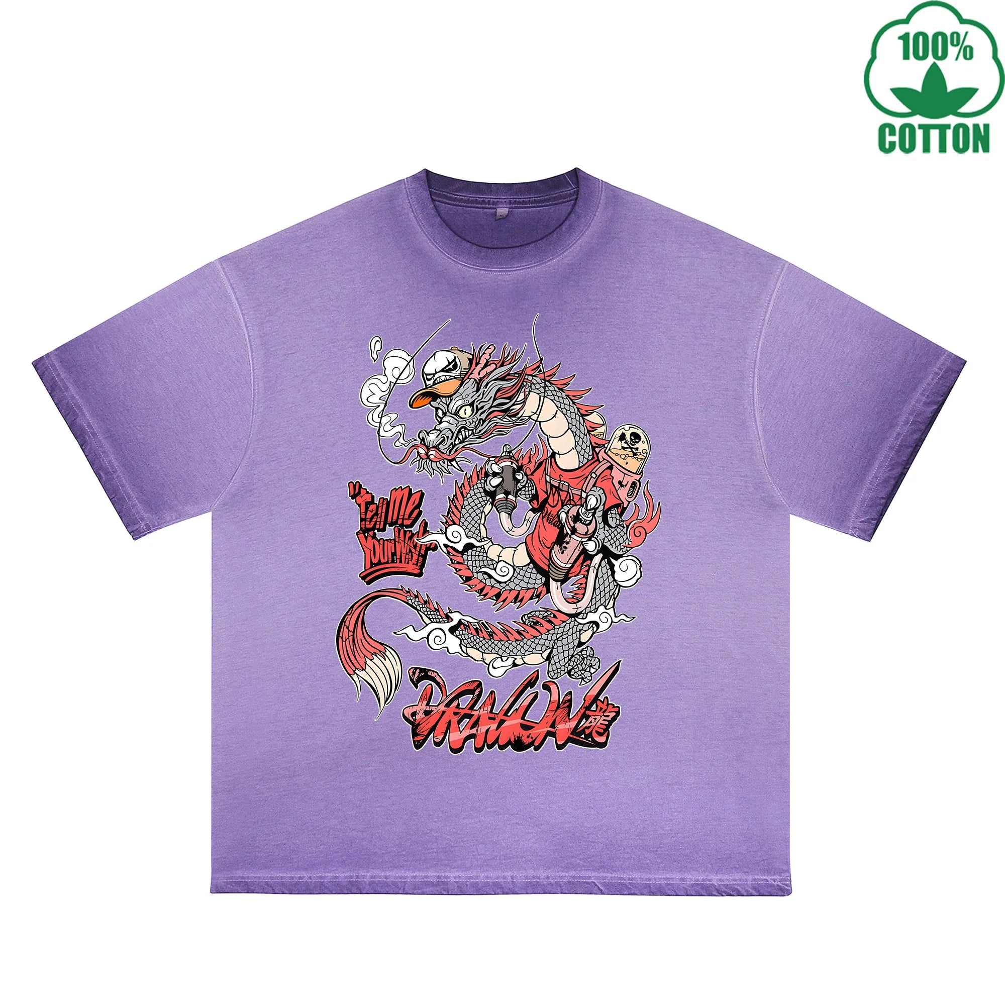 Trendy Dragon Printed Dirty WashT-Shirt 230G Multicolor Loose Trendy Fashionable 100%Cotton Short Sleeve Top