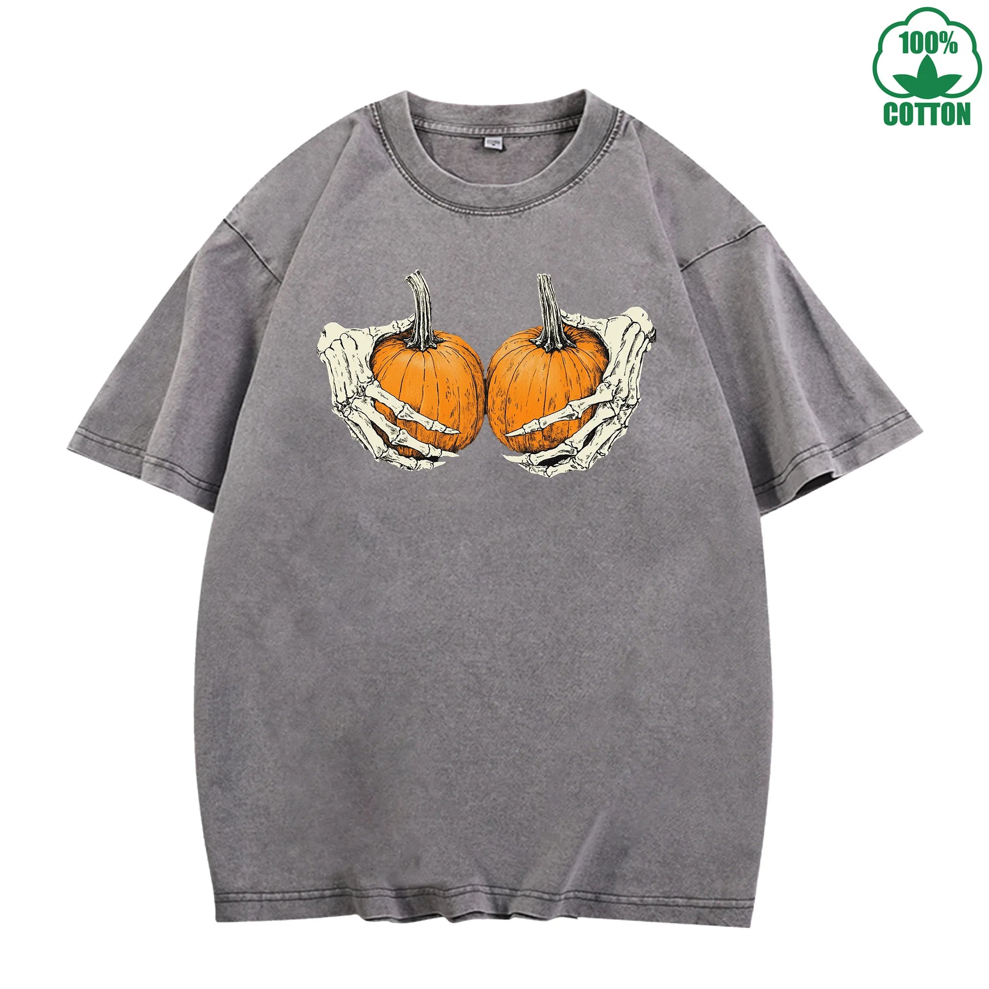 Holding a Pumpkin Fun And Quirky Printed Washed T-Shirt 230G Multicolor Loose Trendy Fashionable Cotton Short Sleeve Top
