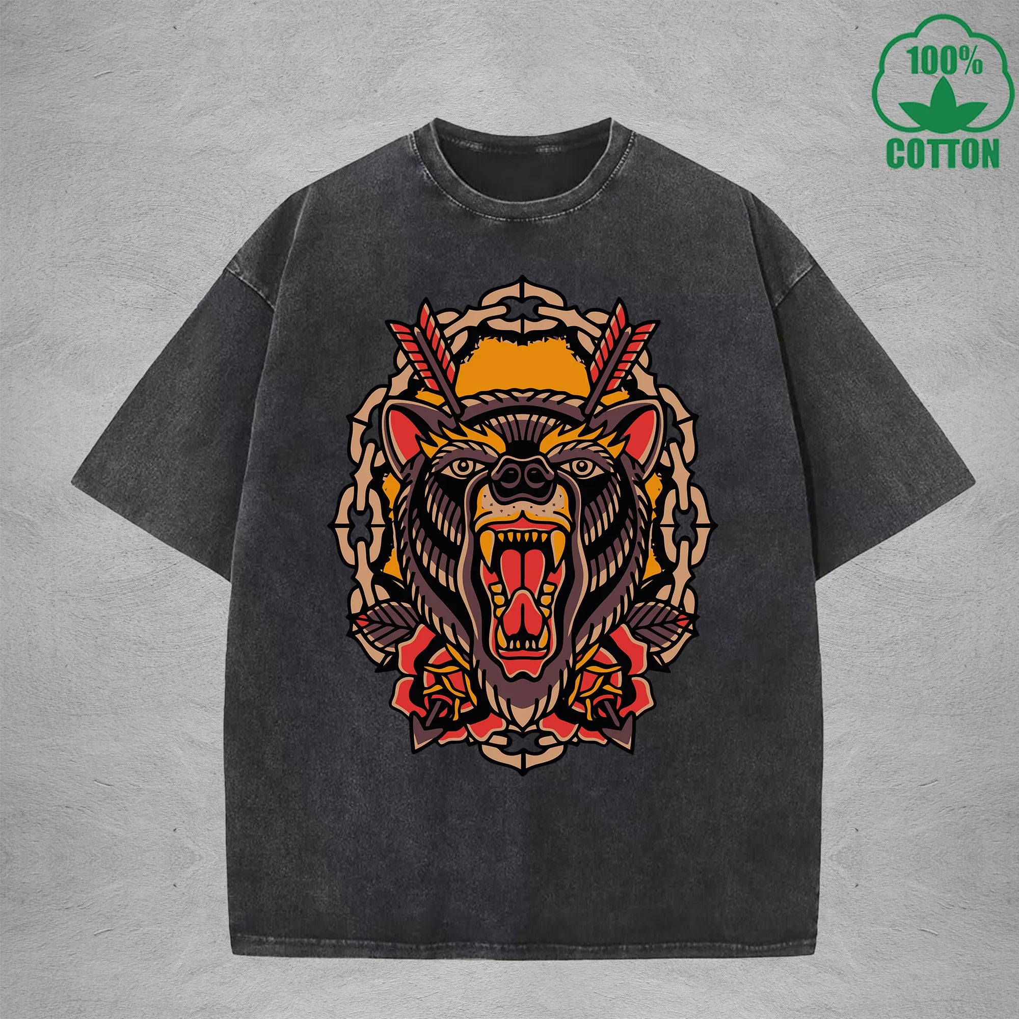 Giant BearInterest Printed Washed T-Shirt 230G Multicolor Loose Trendy Fashionable 100%Cotton Short Sleeve Top