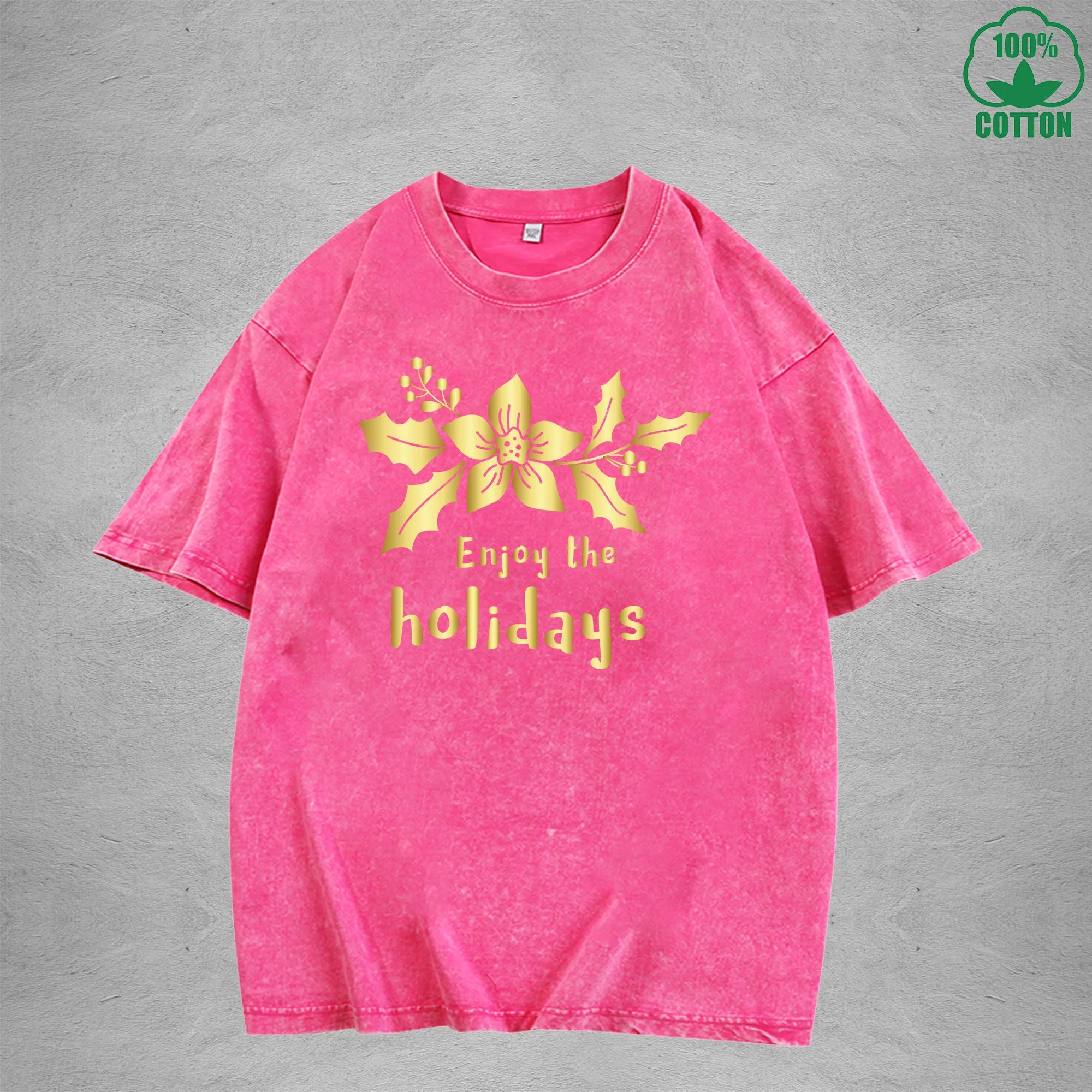 Merry Christmas Interest Printed Washed T-Shirt 230G Multicolor Loose Trendy Fashionable 100%Cotton Short Sleeve Top