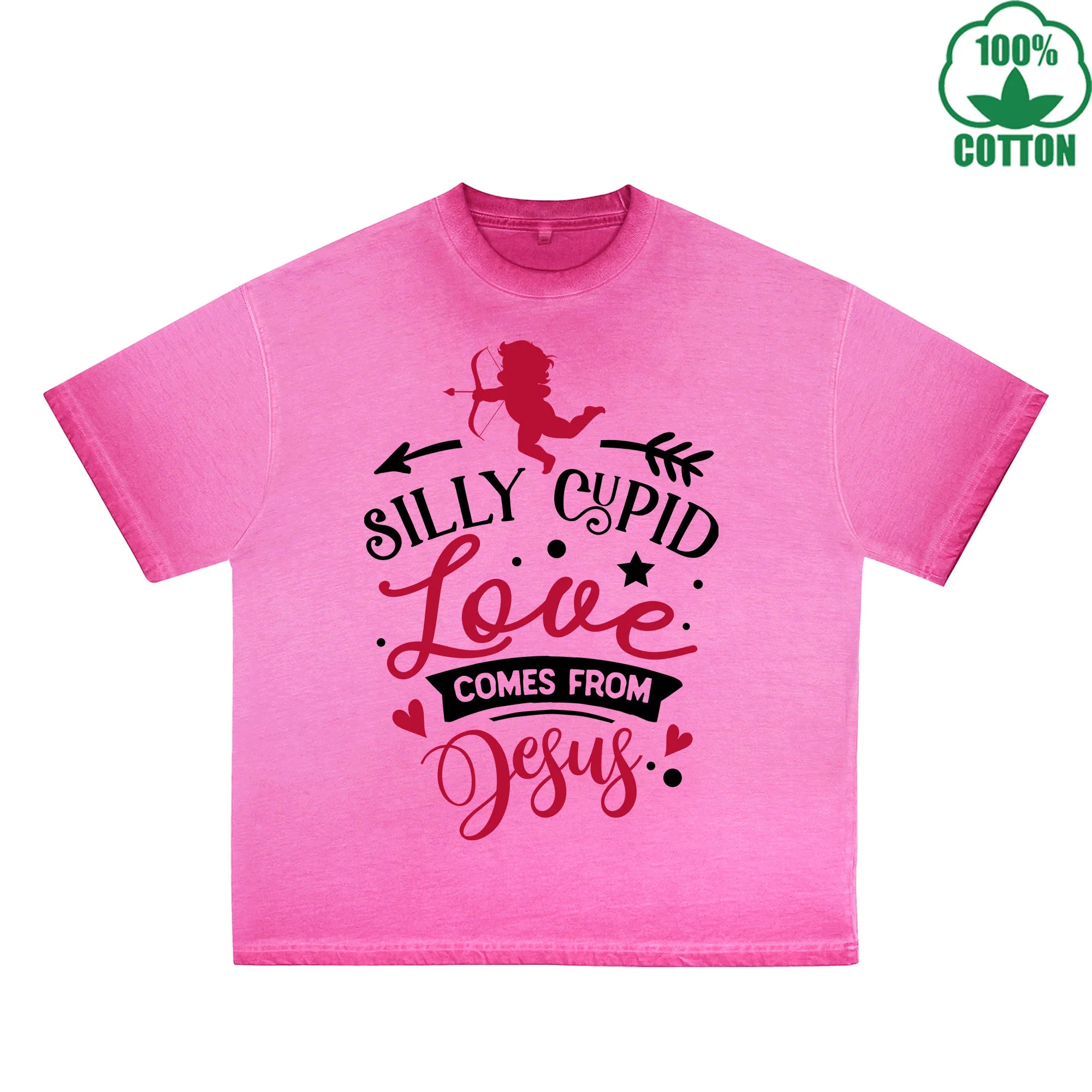 Silly God of Love Printed Dirty Wash T-Shirt 230G Multicolor Loose Trendy Fashionable 100%Cotton Short Sleeve Top