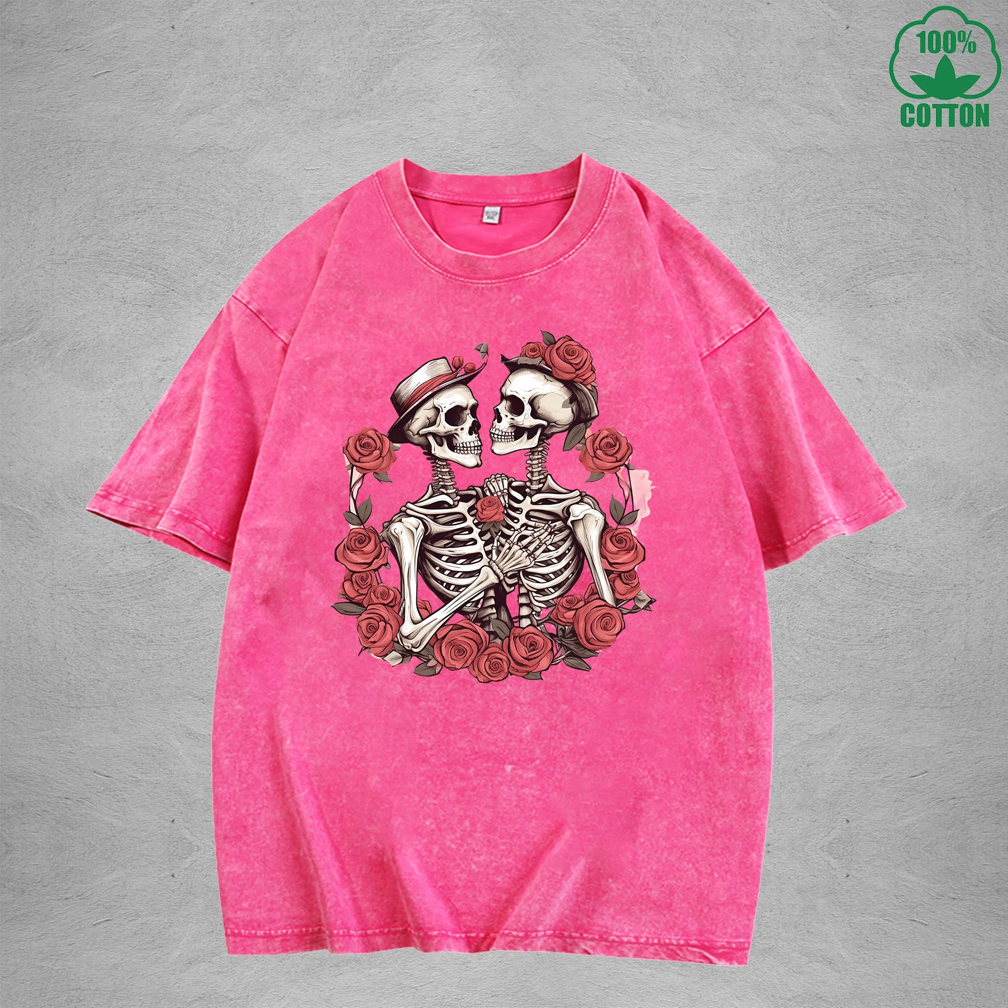 Romantic Skeleton Interesting Printed Washed T-Shirt 230G Multicolor Loose Trendy Fashionable Cotton Short Sleeve Top
