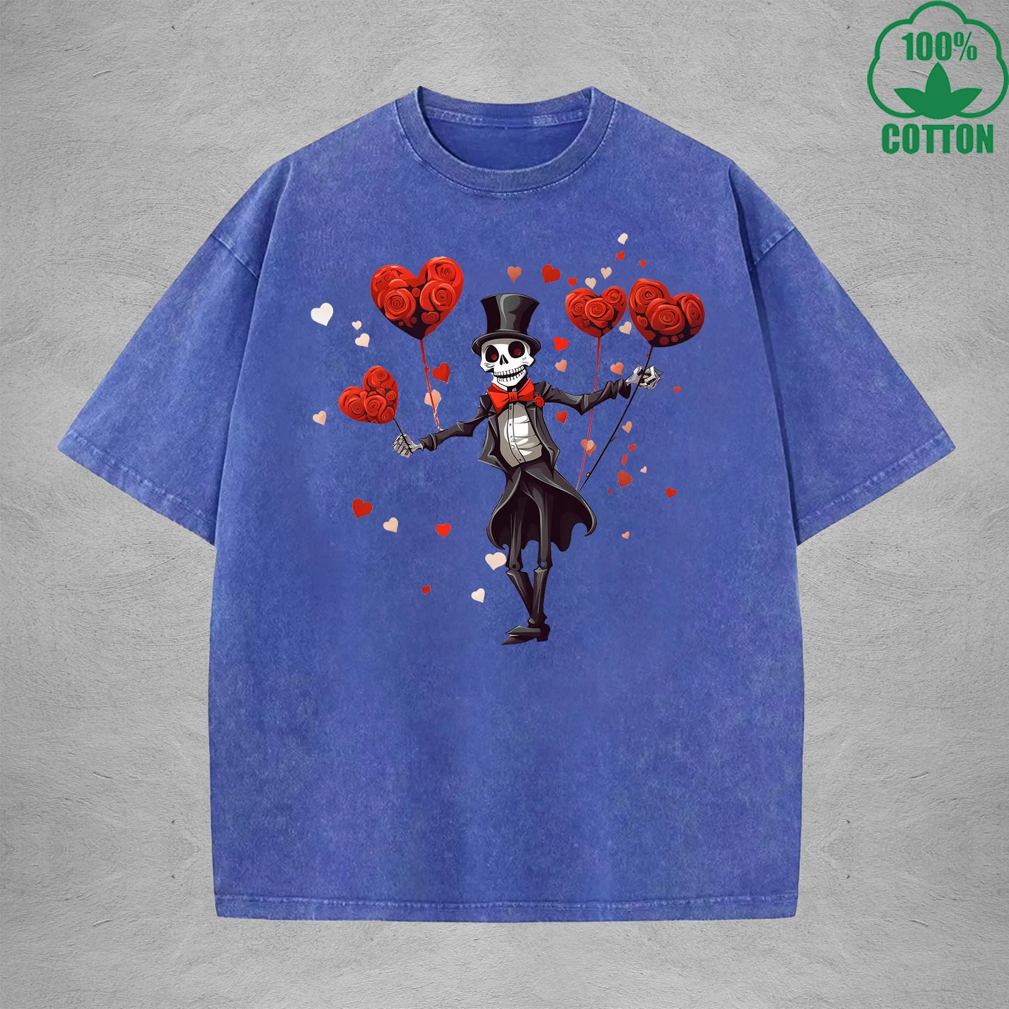 Romantic Skeleton Minimalist Printed Washed T-Shirt 230G Interesting Loose Trendy Fashionable Cotton Short Sleeve Top