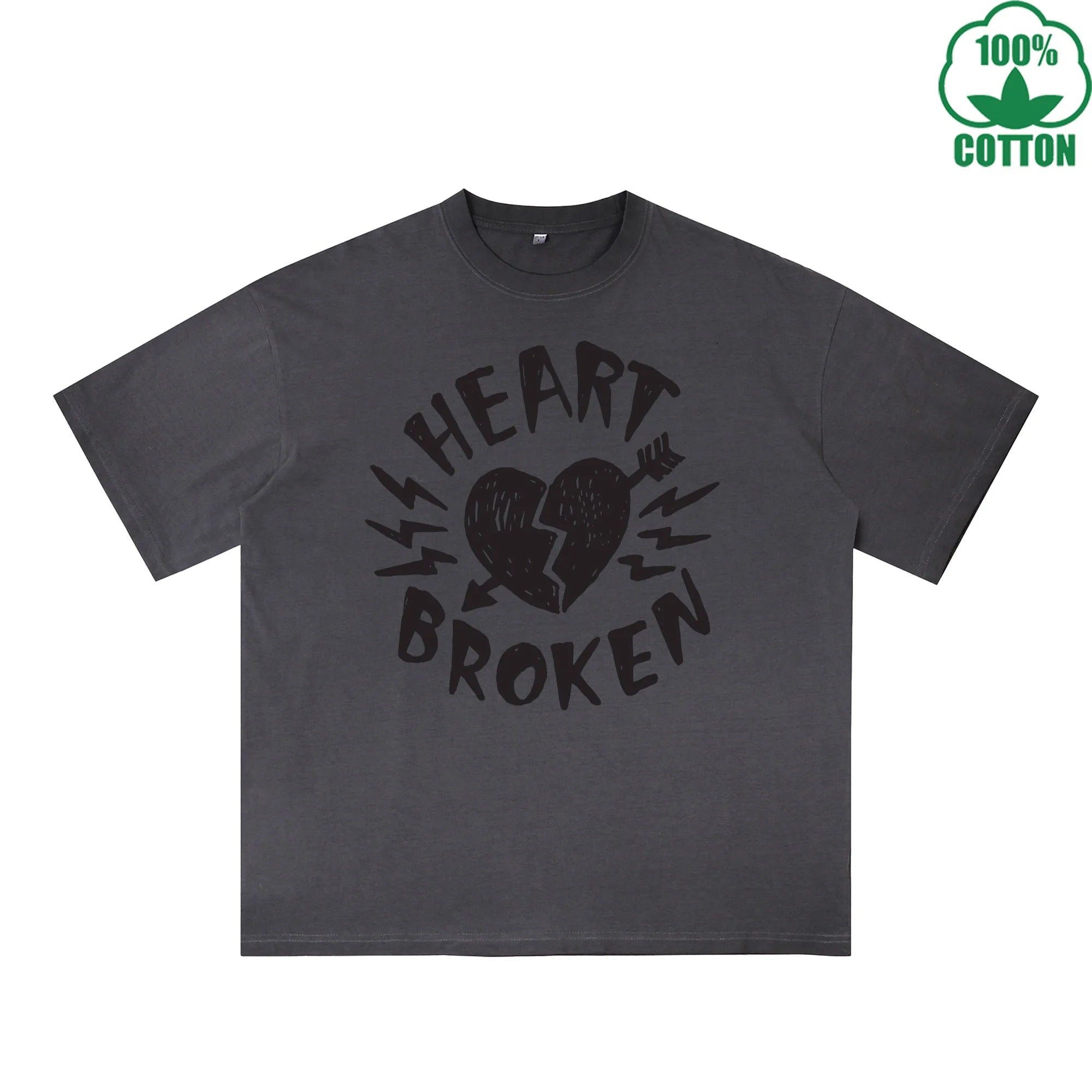 Heart Broken Printed Dirty WashT-Shirt 230G Multicolor Loose Trendy Short Sleeves Fashionable 100%Cotton Top