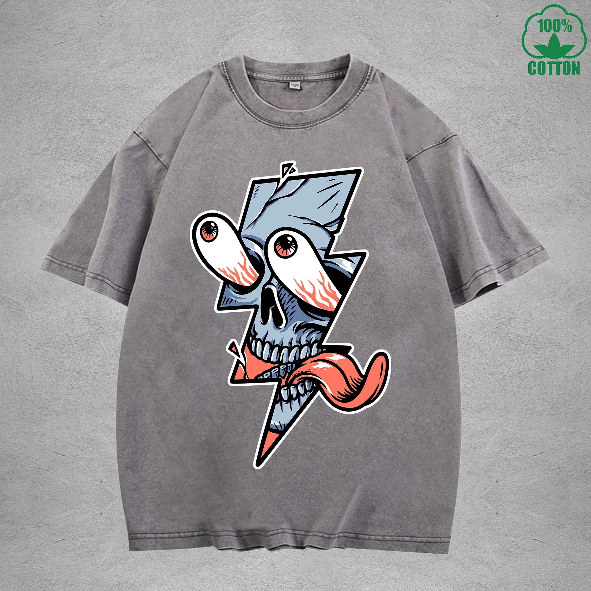 Lightning Skeleton Interest Printed Washed T-Shirt 230G Multicolor Loose Trendy Fashionable 100%Cotton Short Sleeve Top