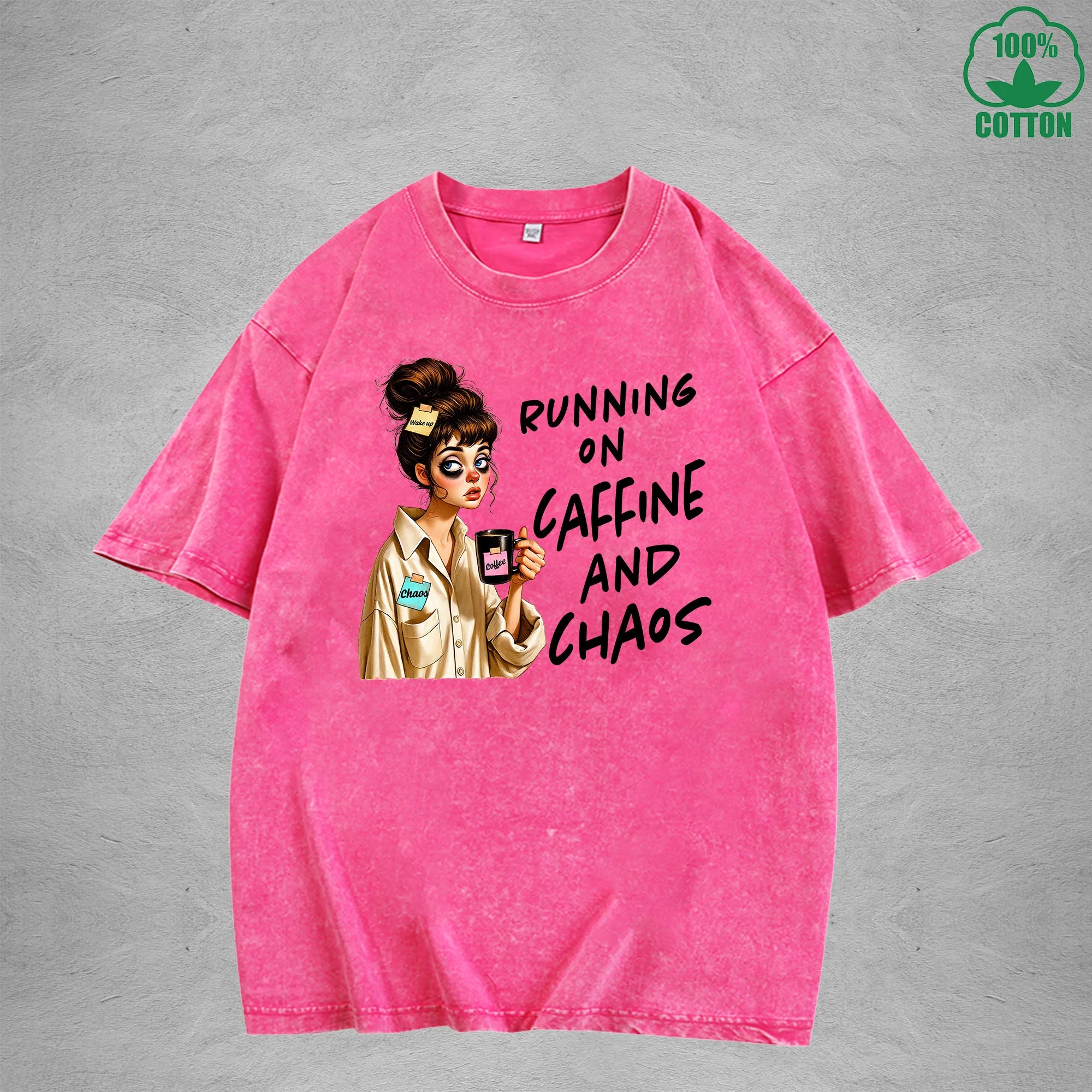 Running on CaffineInterest Printed Washed T-Shirt 230G Loose Trendy Fashionable 100%Cotton Short Sleeve Top
