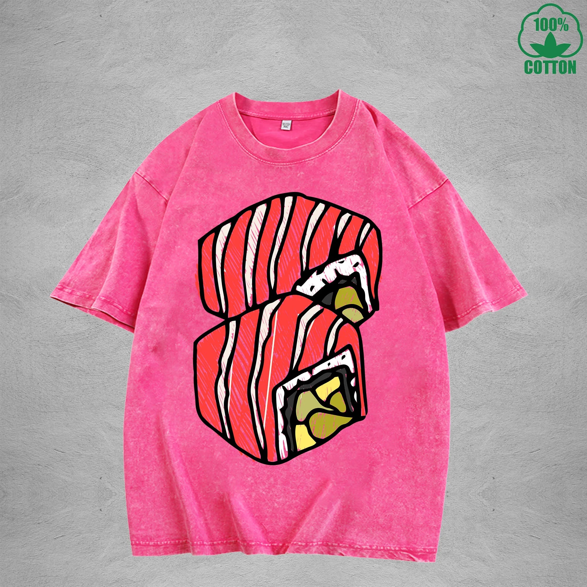 Cute SushiInterest Printed Washed T-Shirt 230G Multicolor Loose Trendy Fashionable 100%Cotton Short Sleeve Top