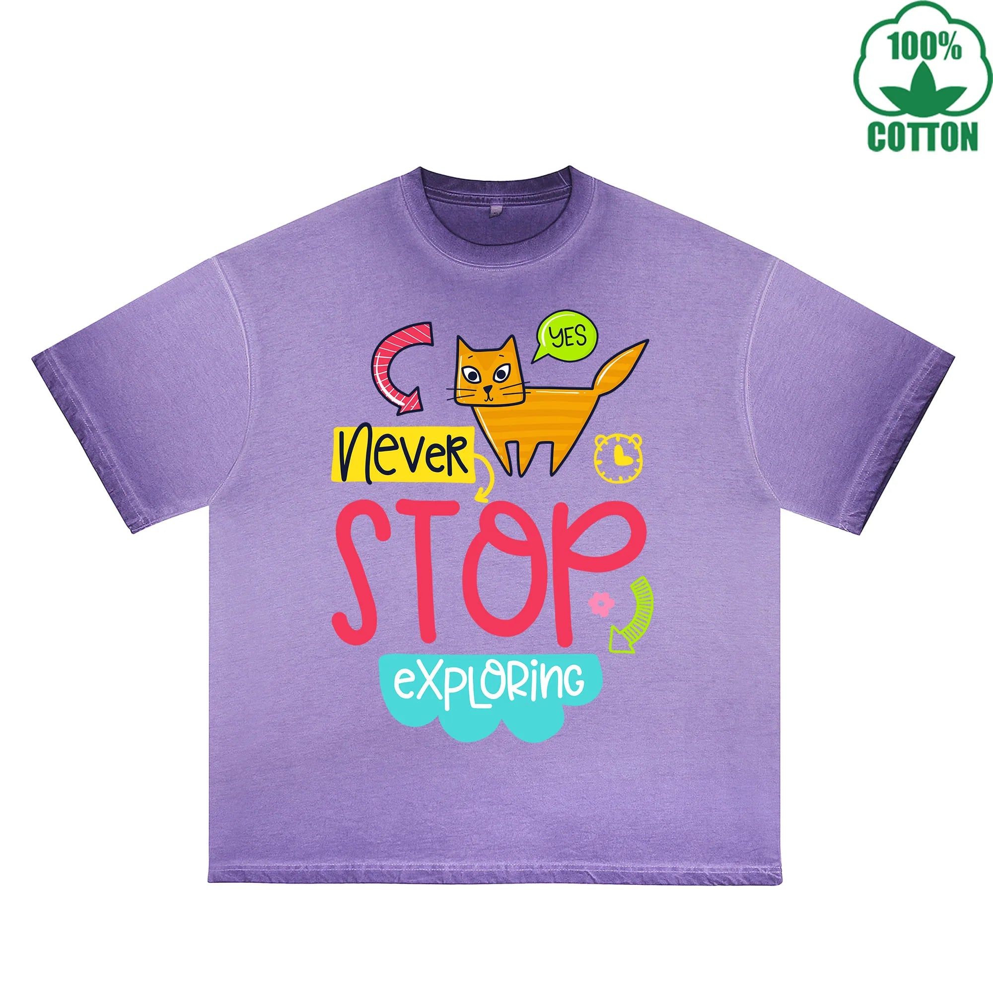 Stop Exploring Printed Dirty WashT-Shirt 230G Multicolor Loose Trendy Fashionable 100%Cotton Short Sleeve Top