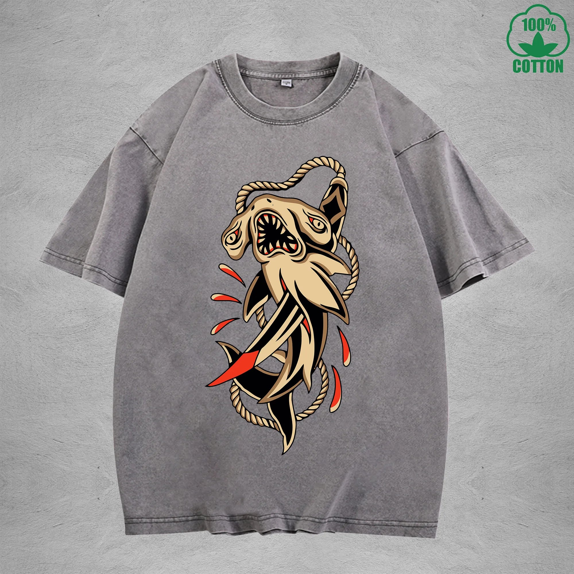 PredatorInterest Printed Washed T-Shirt 230G Multicolor Loose Trendy Fashionable 100%Cotton Short Sleeve Top