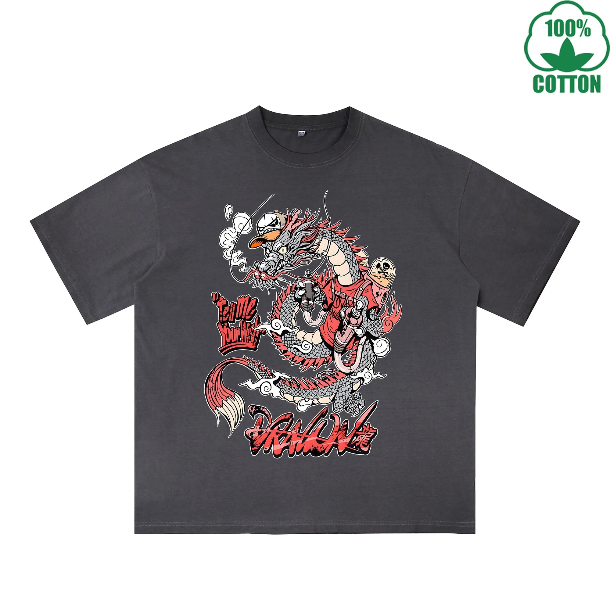 Trendy Dragon Printed Dirty WashT-Shirt 230G Multicolor Loose Trendy Fashionable 100%Cotton Short Sleeve Top