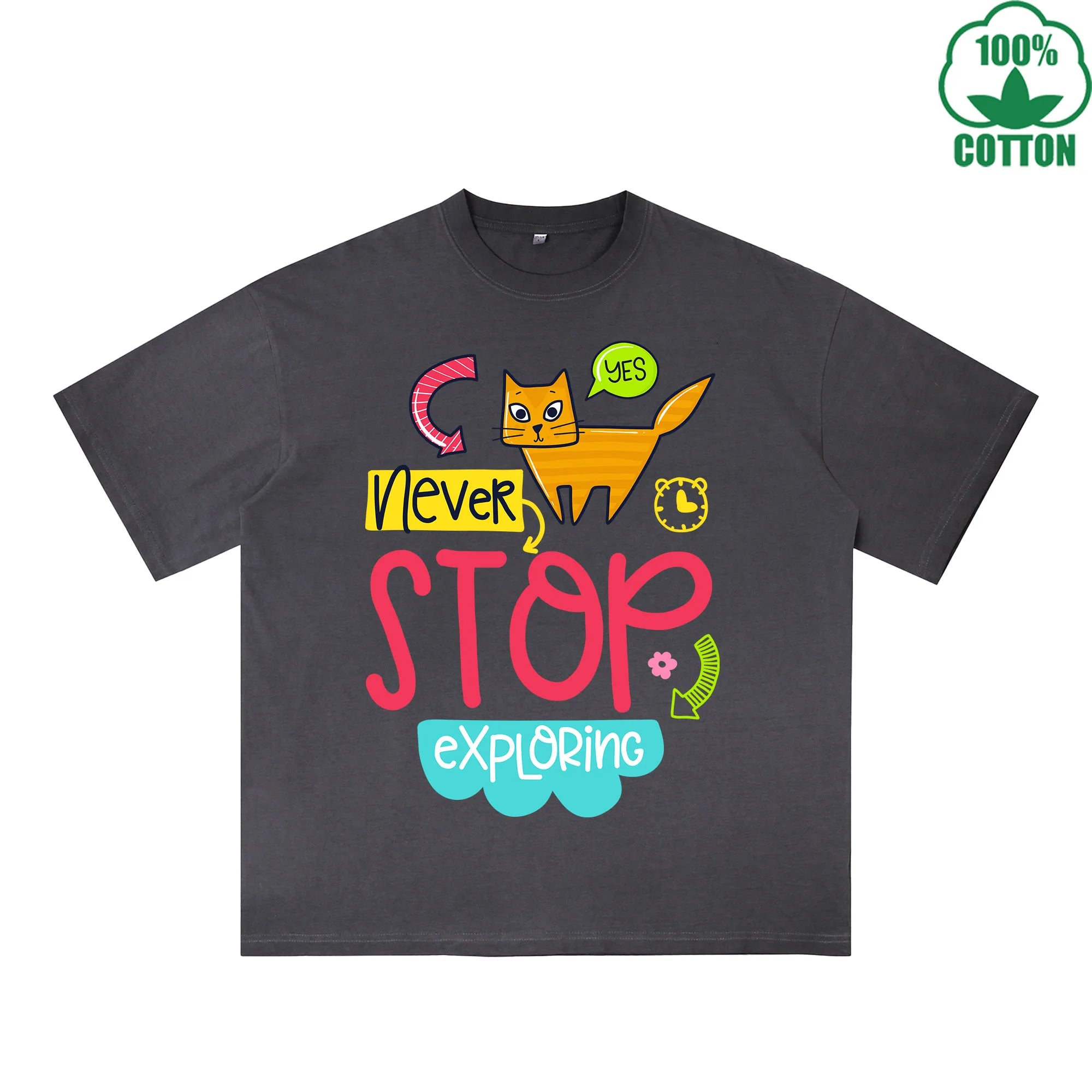 Stop Exploring Printed Dirty WashT-Shirt 230G Multicolor Loose Trendy Fashionable 100%Cotton Short Sleeve Top