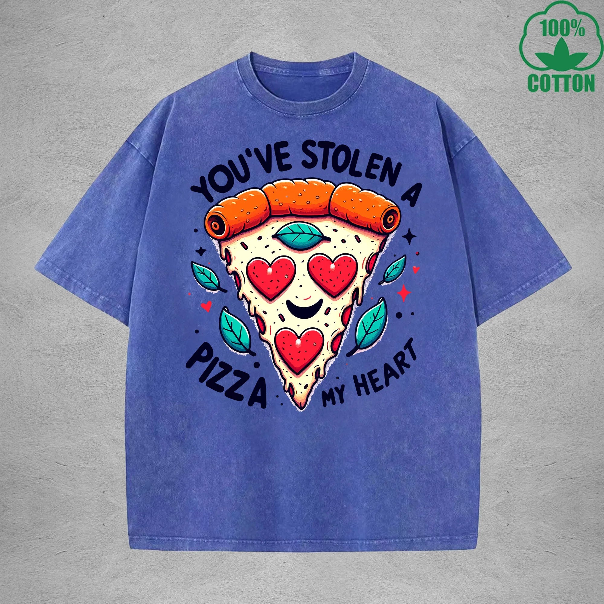 A Pizza My HeartInterest Printed Washed T-Shirt 230G Loose Trendy Fashionable 100%Cotton Short Sleeve Top