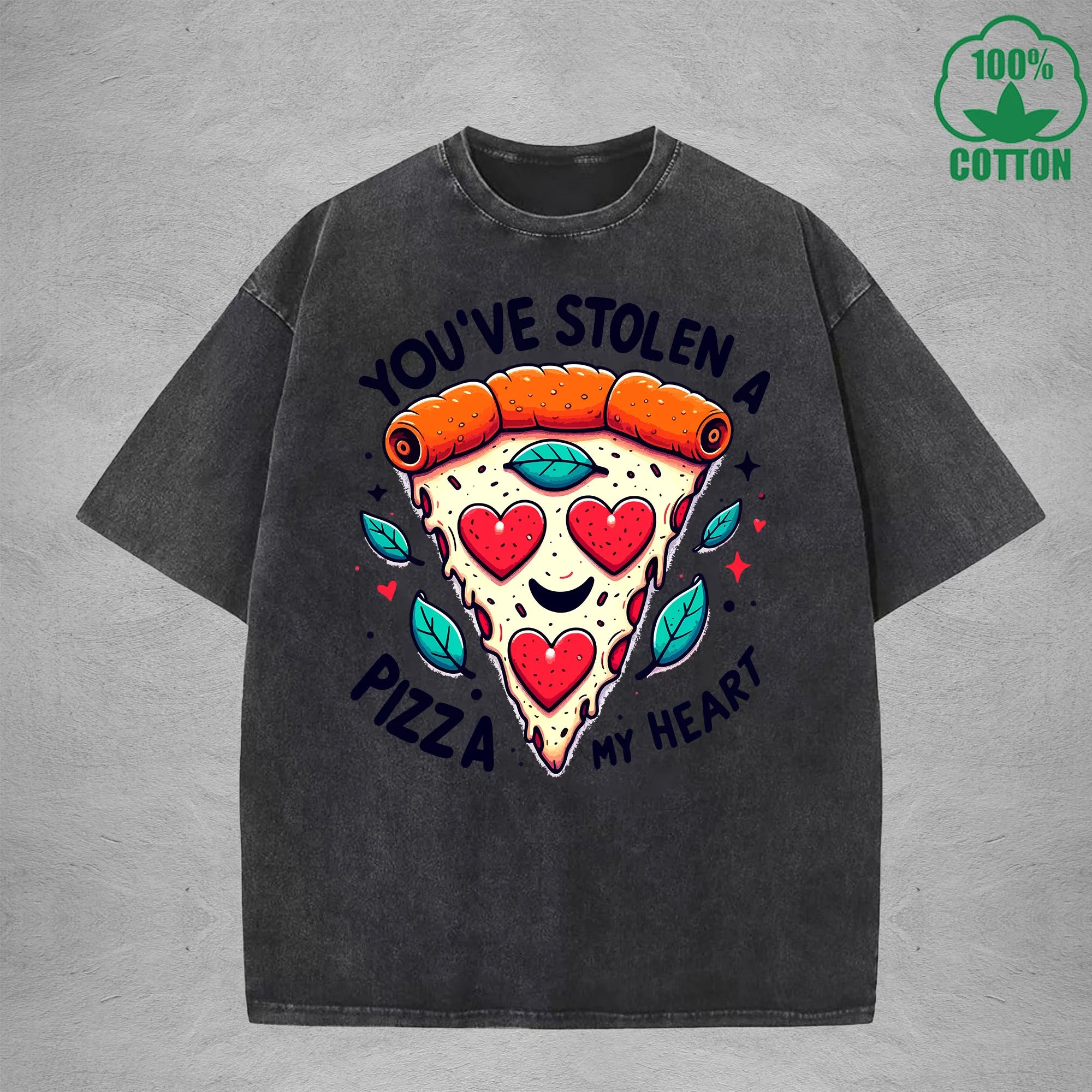 A Pizza My HeartInterest Printed Washed T-Shirt 230G Loose Trendy Fashionable 100%Cotton Short Sleeve Top
