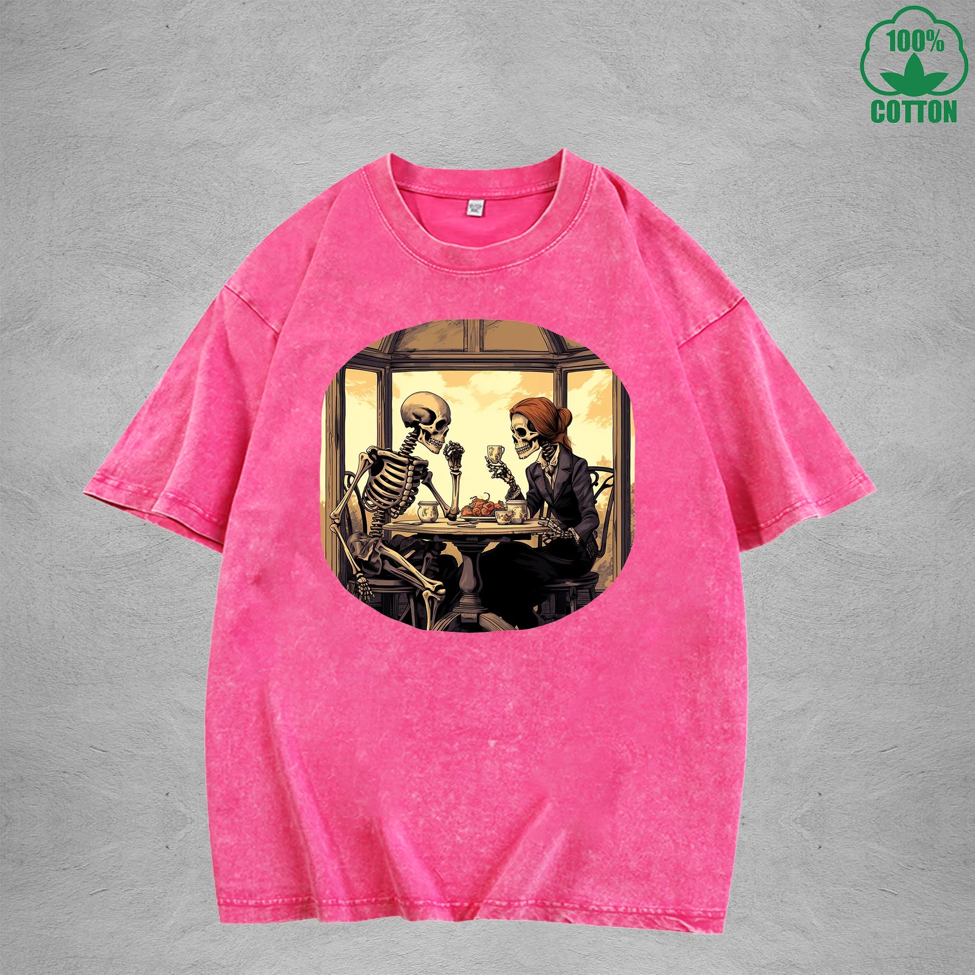 Eternal Afternoon Tea Multicolor Printed Washed T-Shirt 230G Interesting Loose Trendy Fashionable Cotton Short Sleeve Top