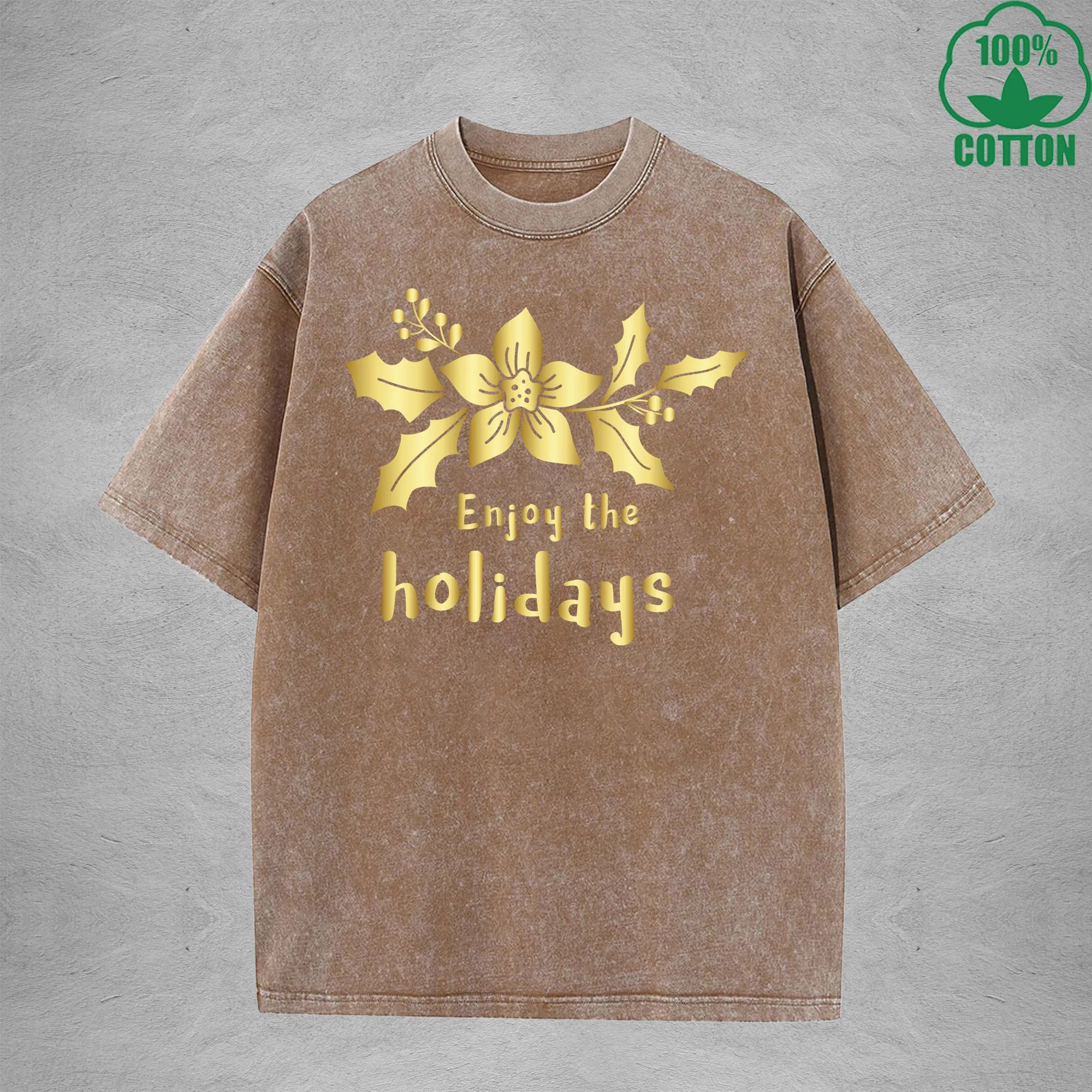 Merry Christmas Interest Printed Washed T-Shirt 230G Multicolor Loose Trendy Fashionable 100%Cotton Short Sleeve Top