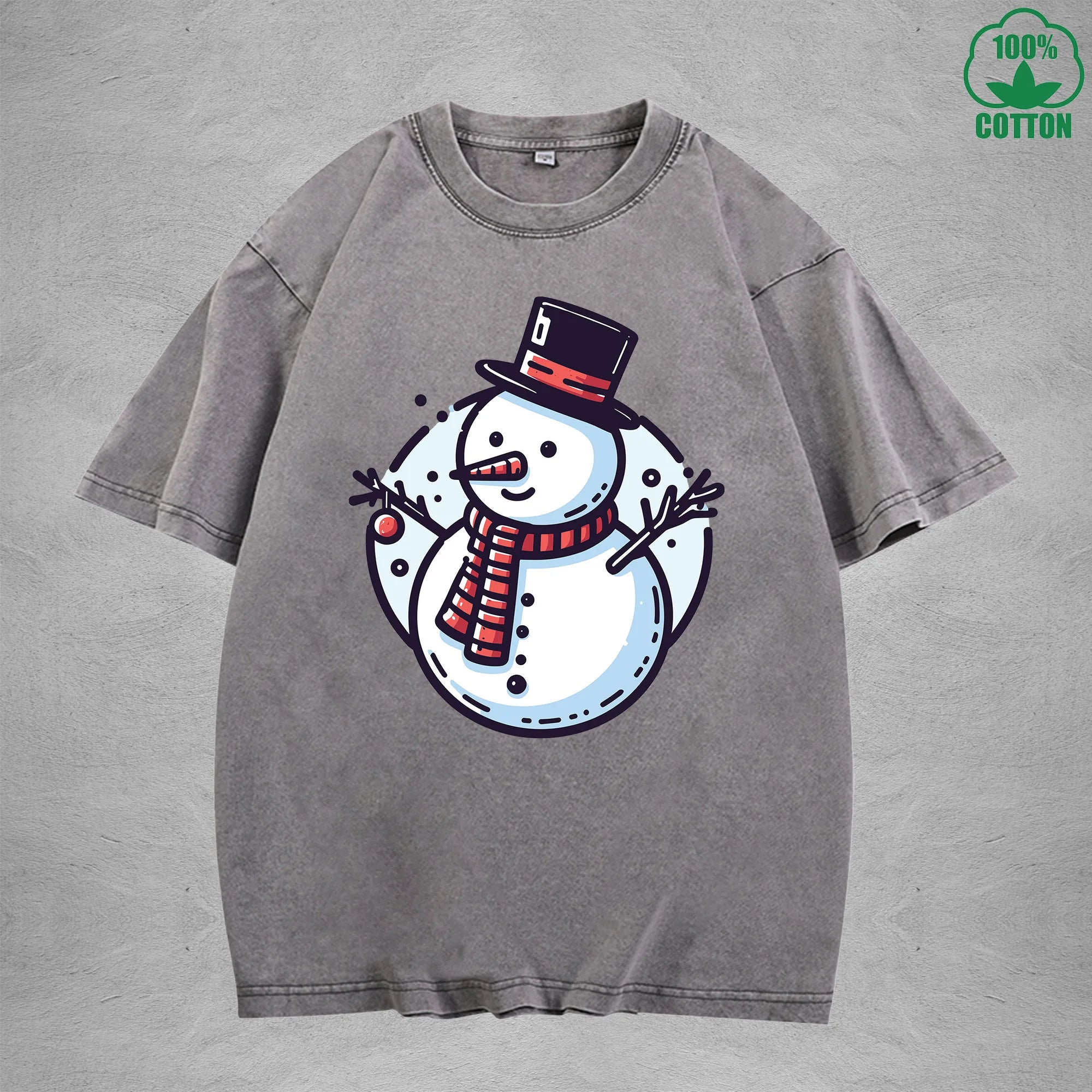 Snowman Interest Printed Washed T-Shirt 230G Multicolor Loose Trendy Fashionable Cotton Short Sleeve Top