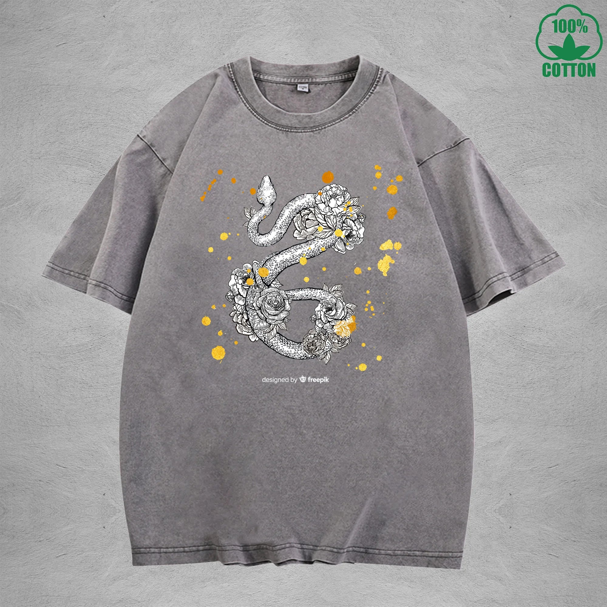 Roses And Vipers Printed Washed T-Shirt 230G Minimalist Loose Trendy Fashionable Cotton Short Sleeve Top