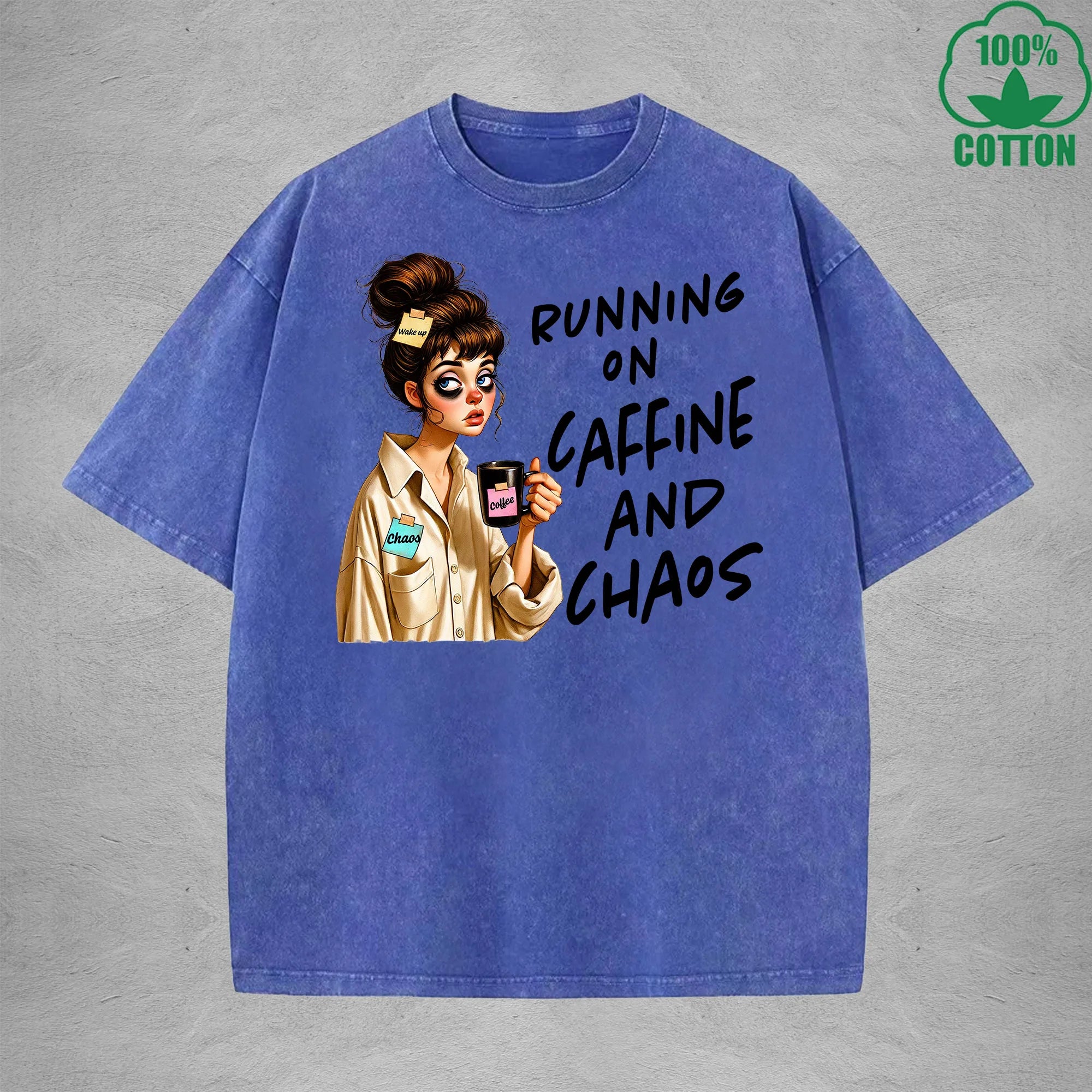 Running on CaffineInterest Printed Washed T-Shirt 230G Loose Trendy Fashionable 100%Cotton Short Sleeve Top