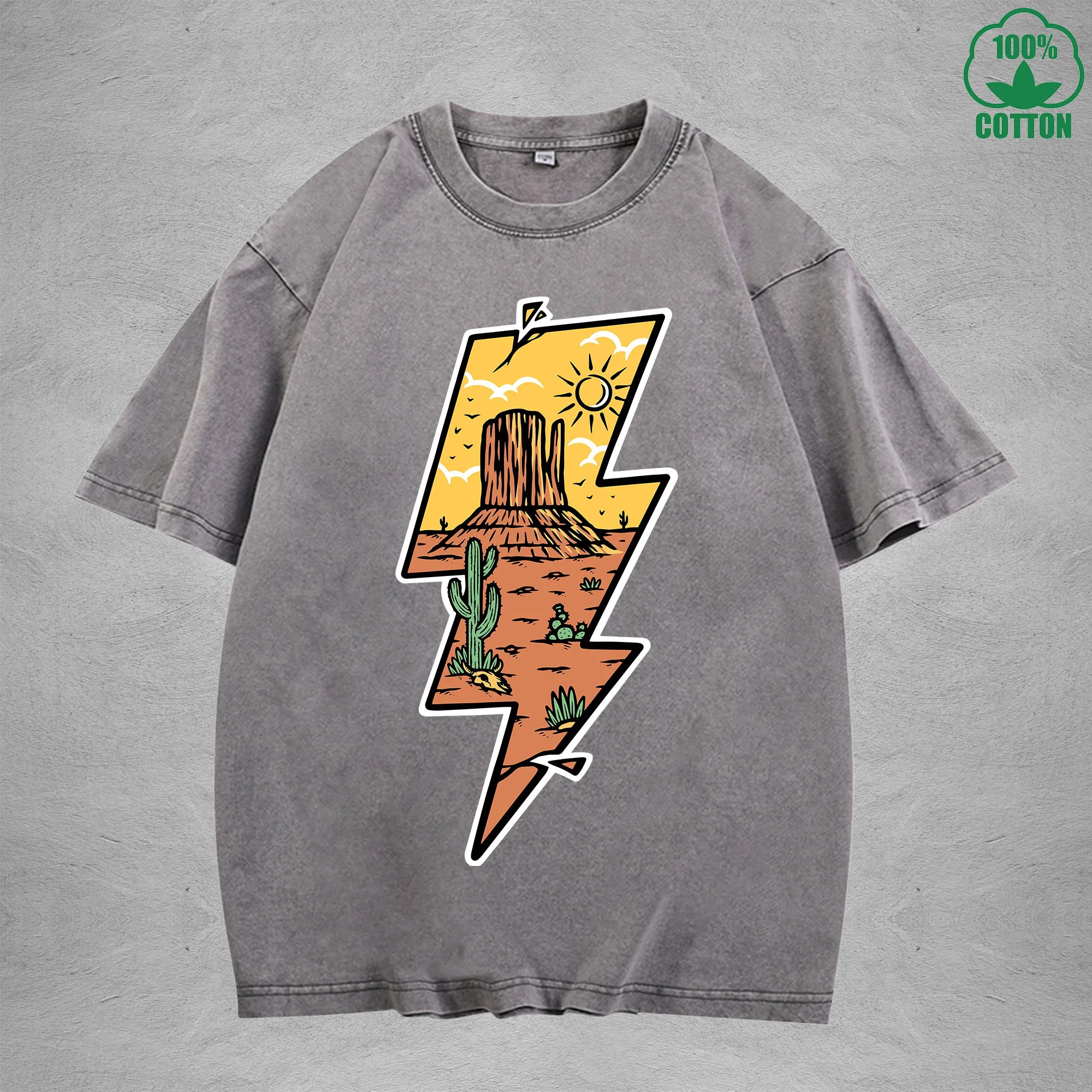 Lightning Desert Interest Printed Washed T-Shirt 230G Multicolor Loose Trendy Fashionable 100%Cotton Short Sleeve Top