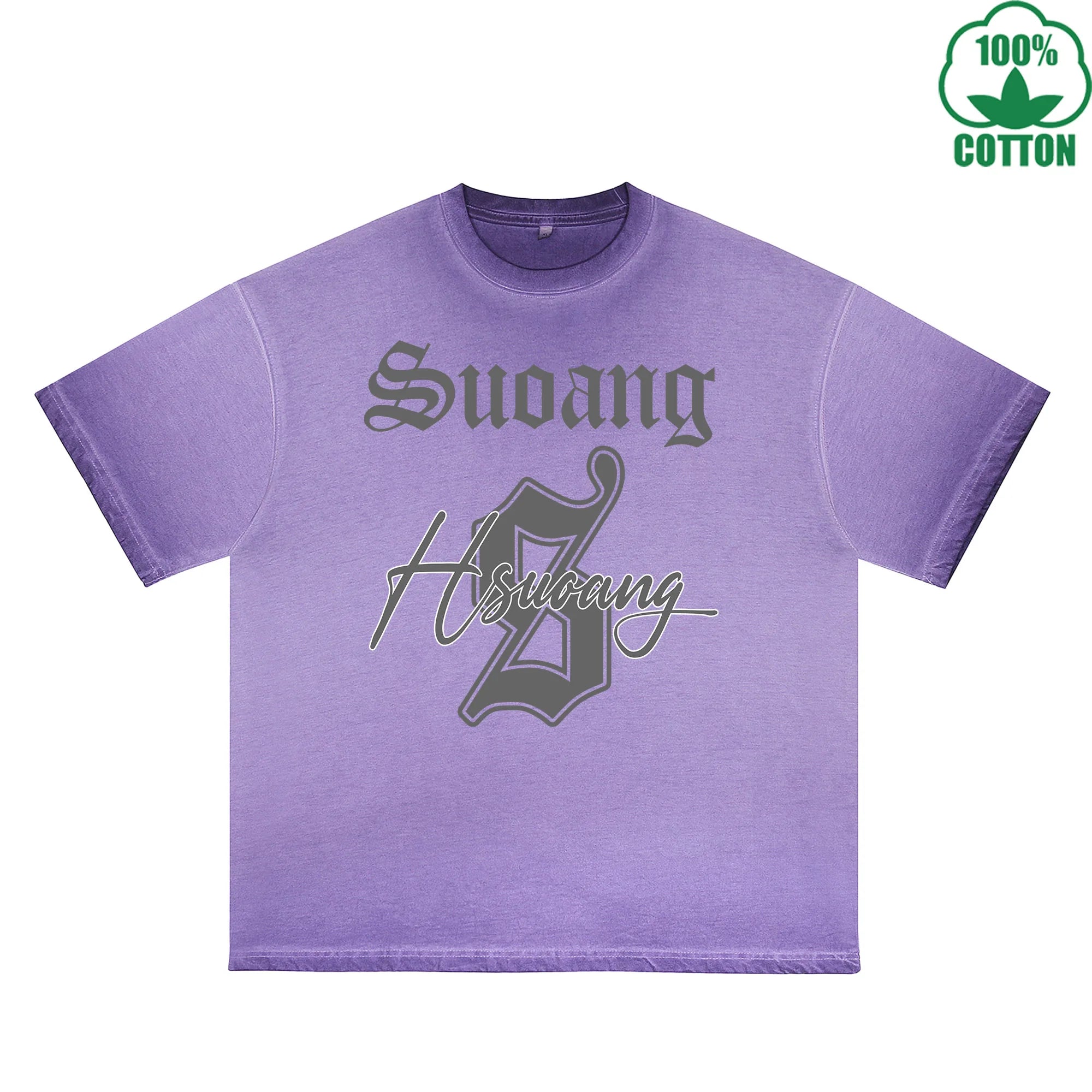 Hsucang Printed Dirty WashT-Shirt 230G Multicolor Loose Trendy Fashionable 100%Cotton Short Sleeve Top