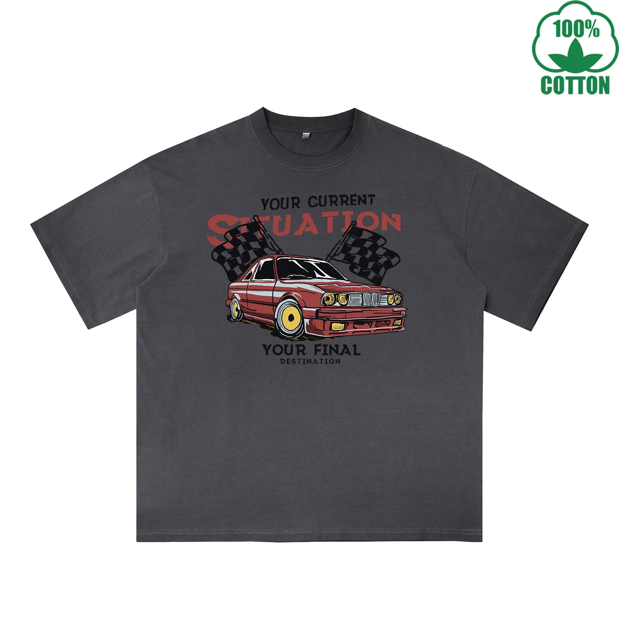 Racing Printed Dirty WashT-Shirt 230G Multicolor Loose Trendy Fashionable 100%Cotton Short Sleeve Top