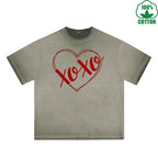 Xoxo Printed Dirty Wash T-Shirt 230G Multicolor Loose Trendy Fashionable 100%Cotton Short Sleeve Top