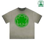 clover coin Printed Dirty Wash T-Shirt 230G Multicolor Loose Trendy Fashionable 100%Cotton Short Sleeve Top