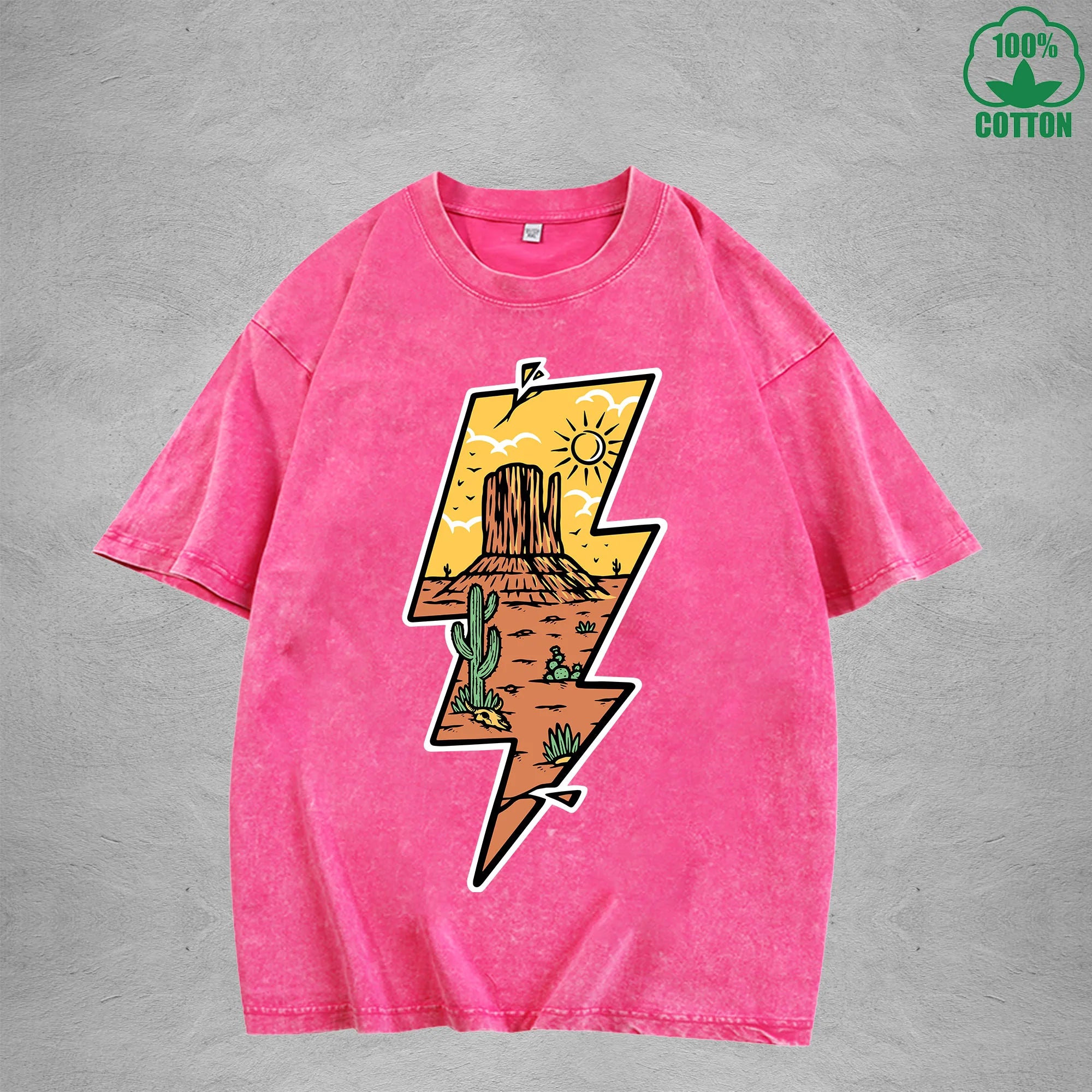 Lightning Desert Interest Printed Washed T-Shirt 230G Multicolor Loose Trendy Fashionable 100%Cotton Short Sleeve Top