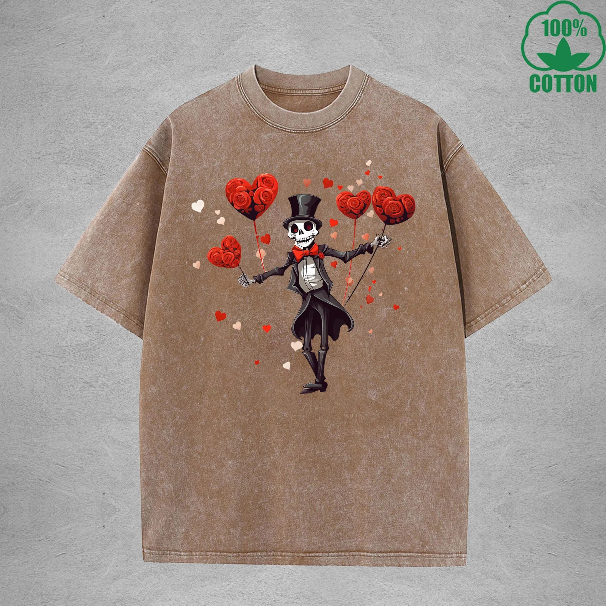 Romantic Skeleton Minimalist Printed Washed T-Shirt 230G Interesting Loose Trendy Fashionable Cotton Short Sleeve Top